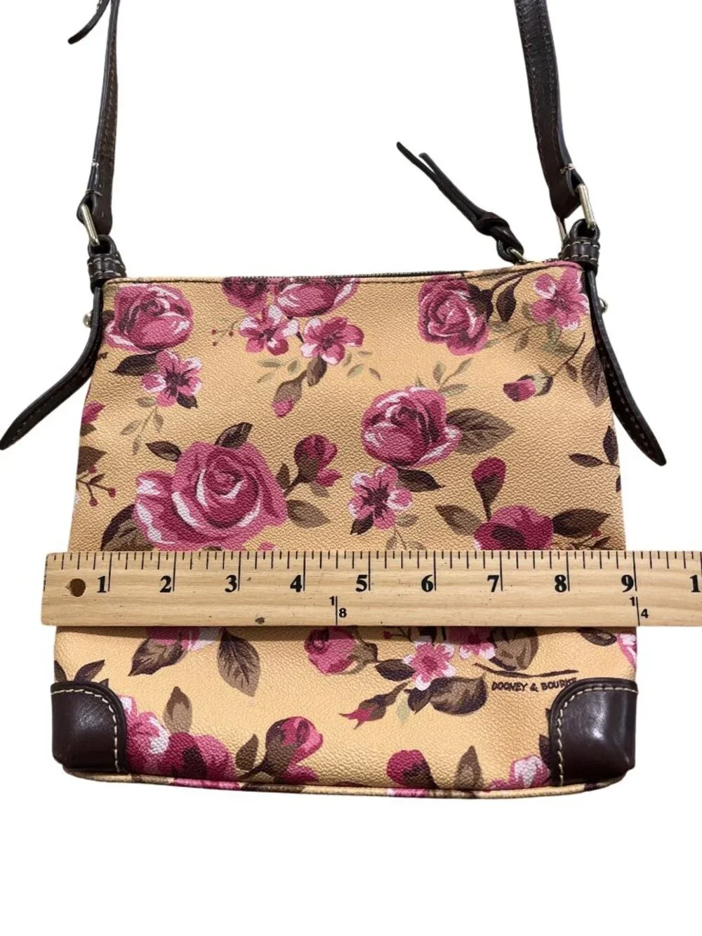 Dooney & Bourke Cabbage Rose Crossbody Bag Floral Carrier Brown-Leather-Trim